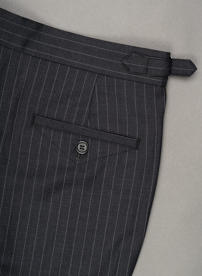 Grey Pinstripe Pure Wool Slim-Fit Flare Side Buckle Trousers