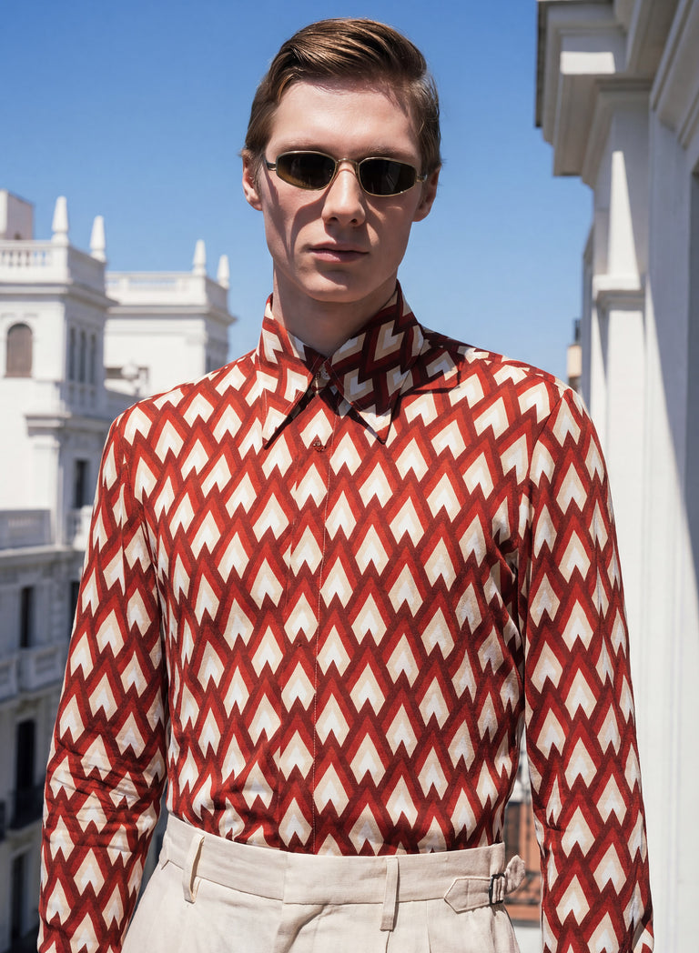 Burgundy Geometric Print Viscose Shirt