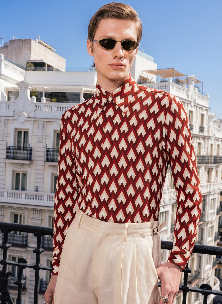 Burgundy Geometric Print Viscose Shirt