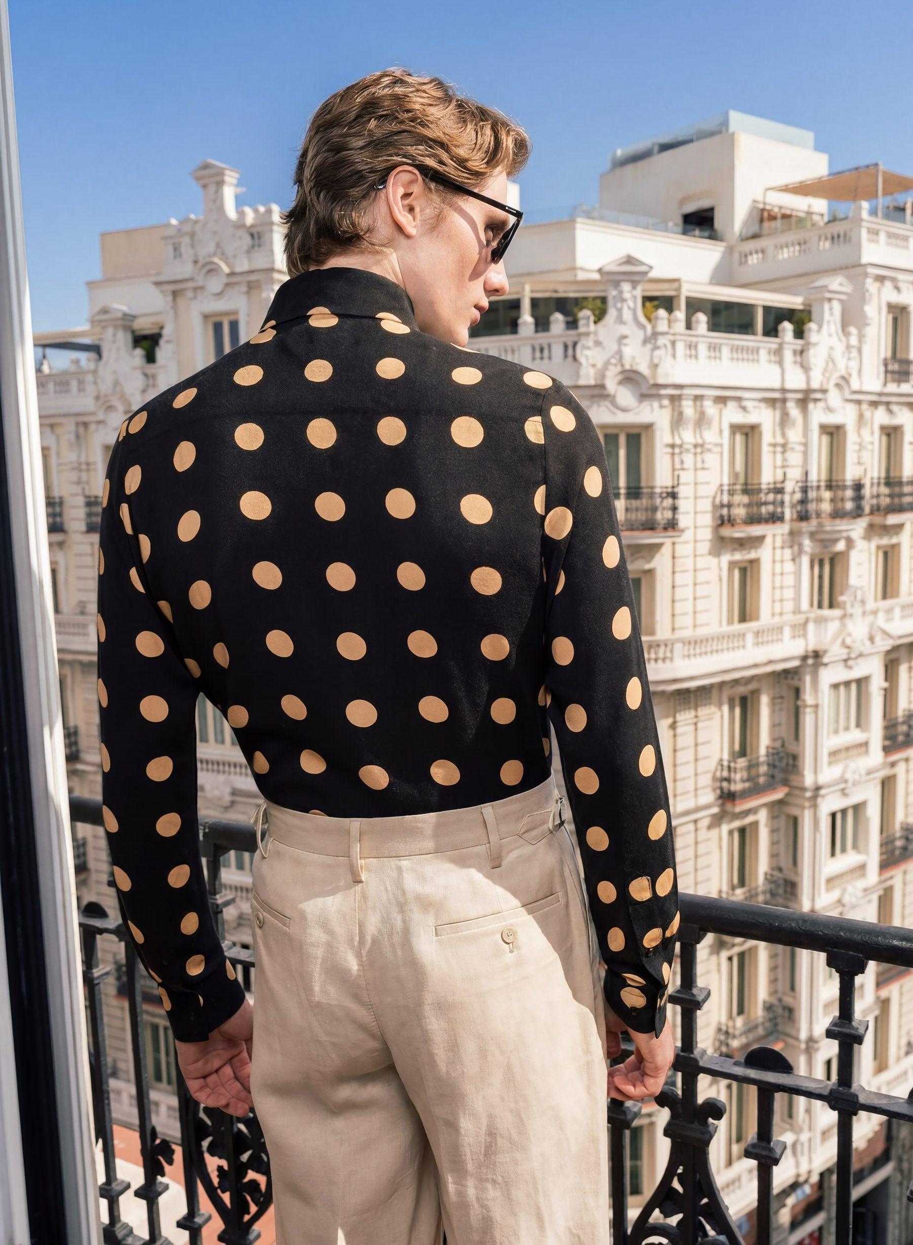 black dot dress shirt Polka Dot Long Sleeve Men Button Up Shirt, Black White Print Dress Buttoned Collar Dress Shirt with Chest Pocket