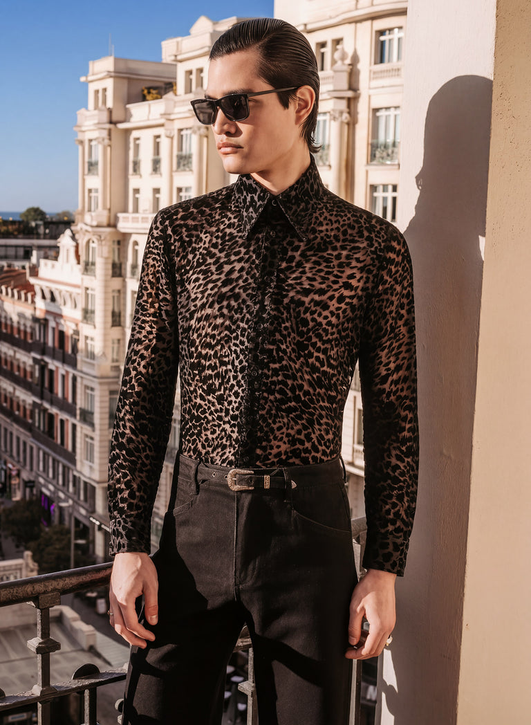 Black Semi Sheer Leopard Effect Velvet Shirt