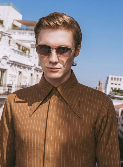Brown Linen Pinstripe Dagger Collar Shirt