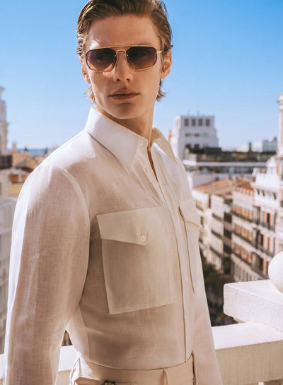 White Pure Linen Double Chest Pocket Shirt