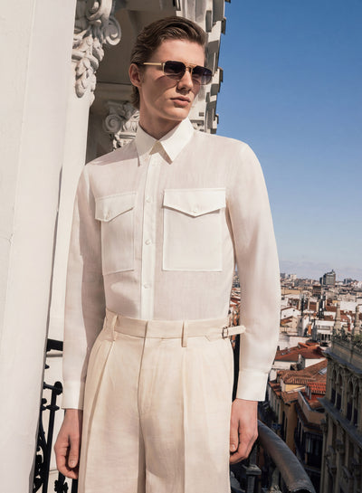 White Pure Linen Double Chest Pocket Shirt