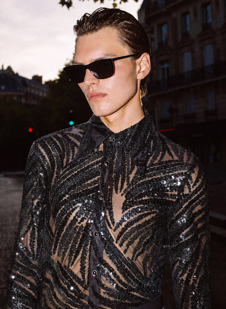 Black Sequin Zebra Sheer Shirt