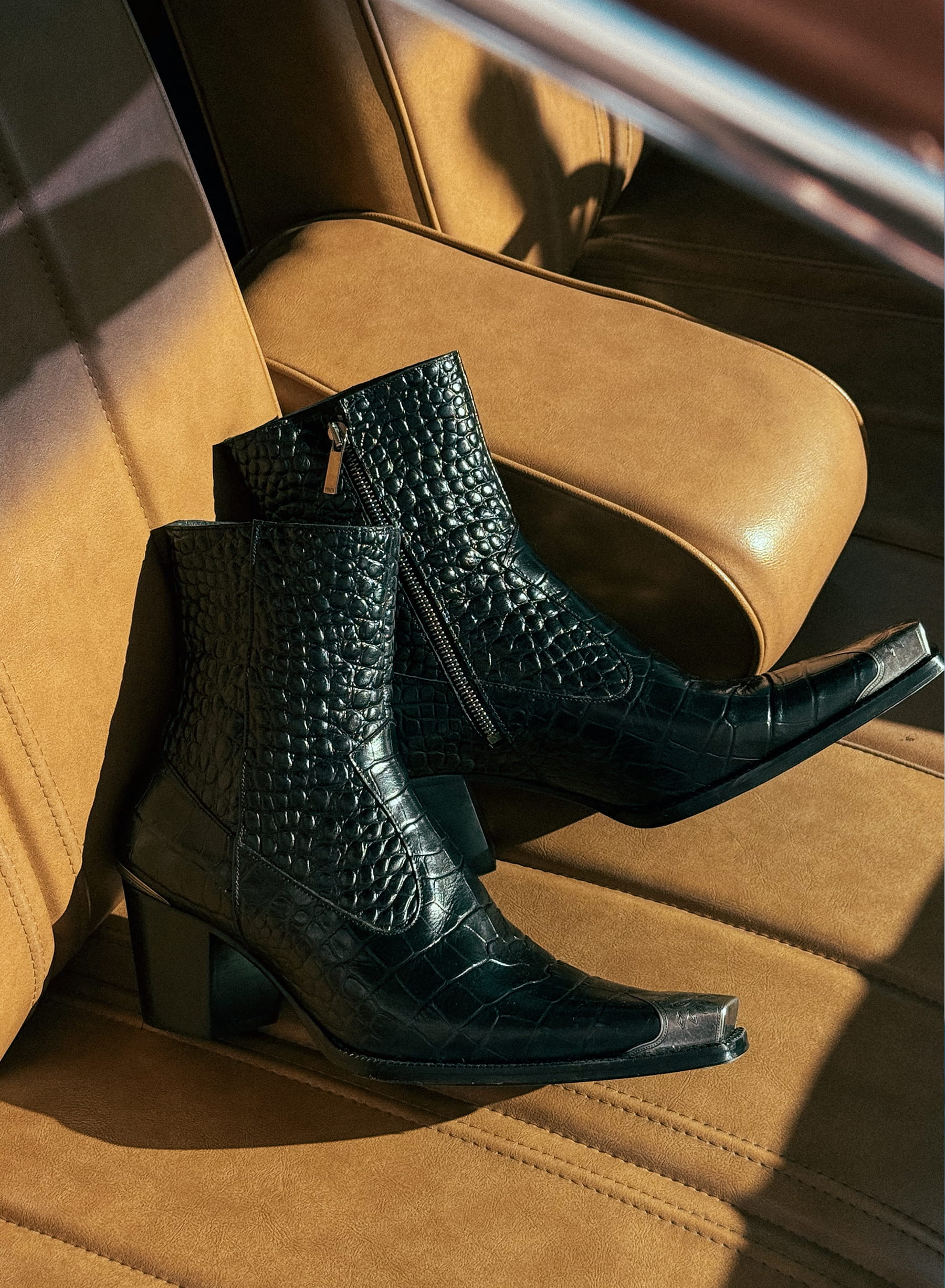 靴 croco emboss westernboots engineer y2k Black Western Croc Effect Metal Toe 60mm Boot ‐ Phix