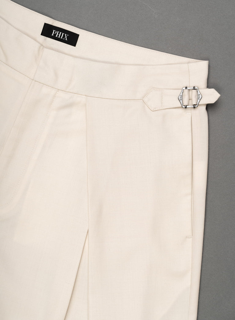 Ivory Wool Pleated High Waisted Buckle Trousers