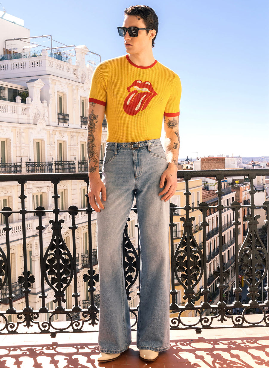 Blue Washed Denim Western Belt Wide Leg Flare Jeans