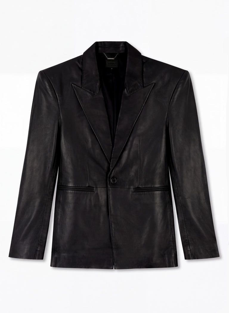 Black Exaggerated Peak Lapel Leather Blazer