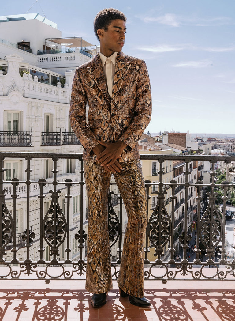 Brown Snake Effect Sequin Flare Trousers