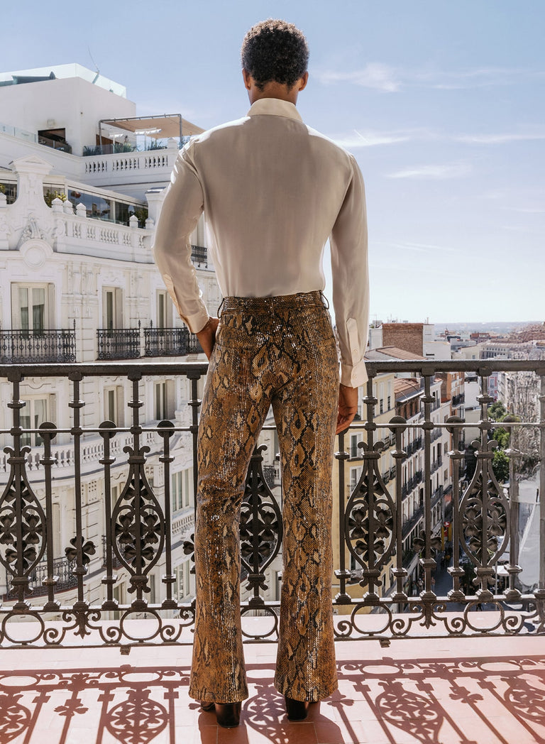 Brown Snake Effect Sequin Flare Trousers
