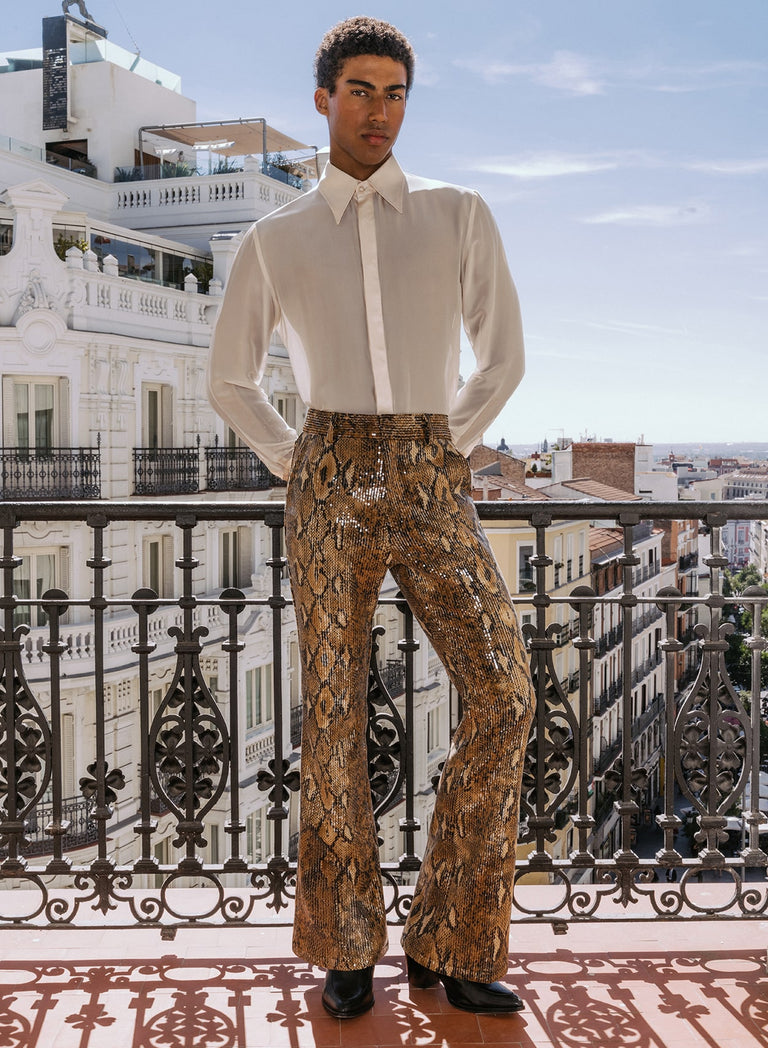 Brown Snake Effect Sequin Flare Trousers