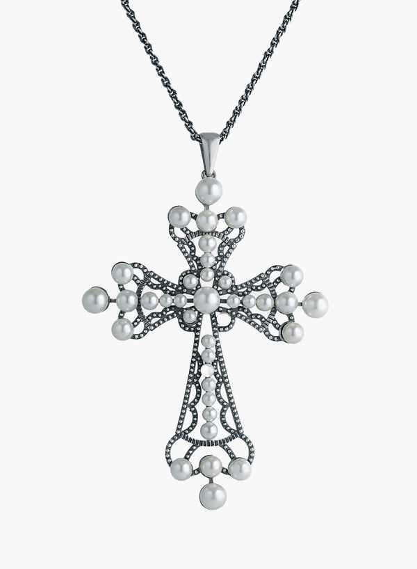 Silver Pearl Cross Necklace