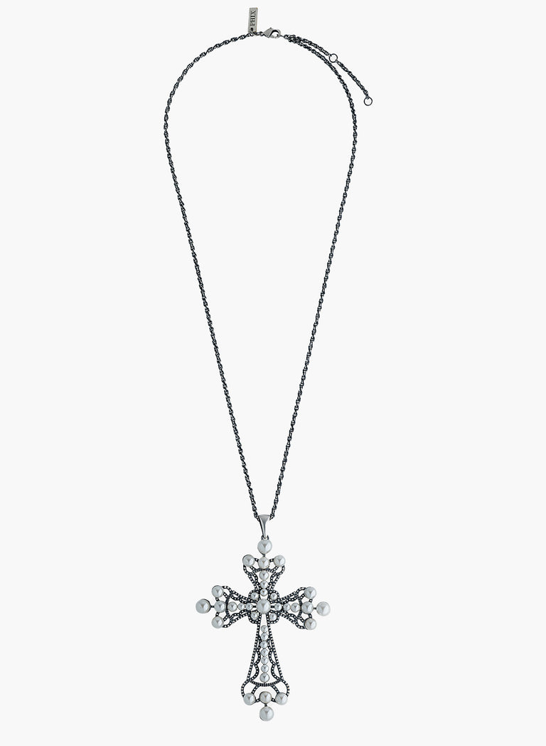 Silver Pearl Cross Necklace
