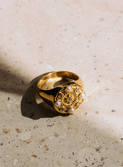 Gold Pearl & Crystal Signet Ring