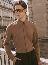 Brown Pinstripe Point Collar Shirt