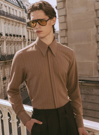 Brown Pinstripe Point Collar Shirt