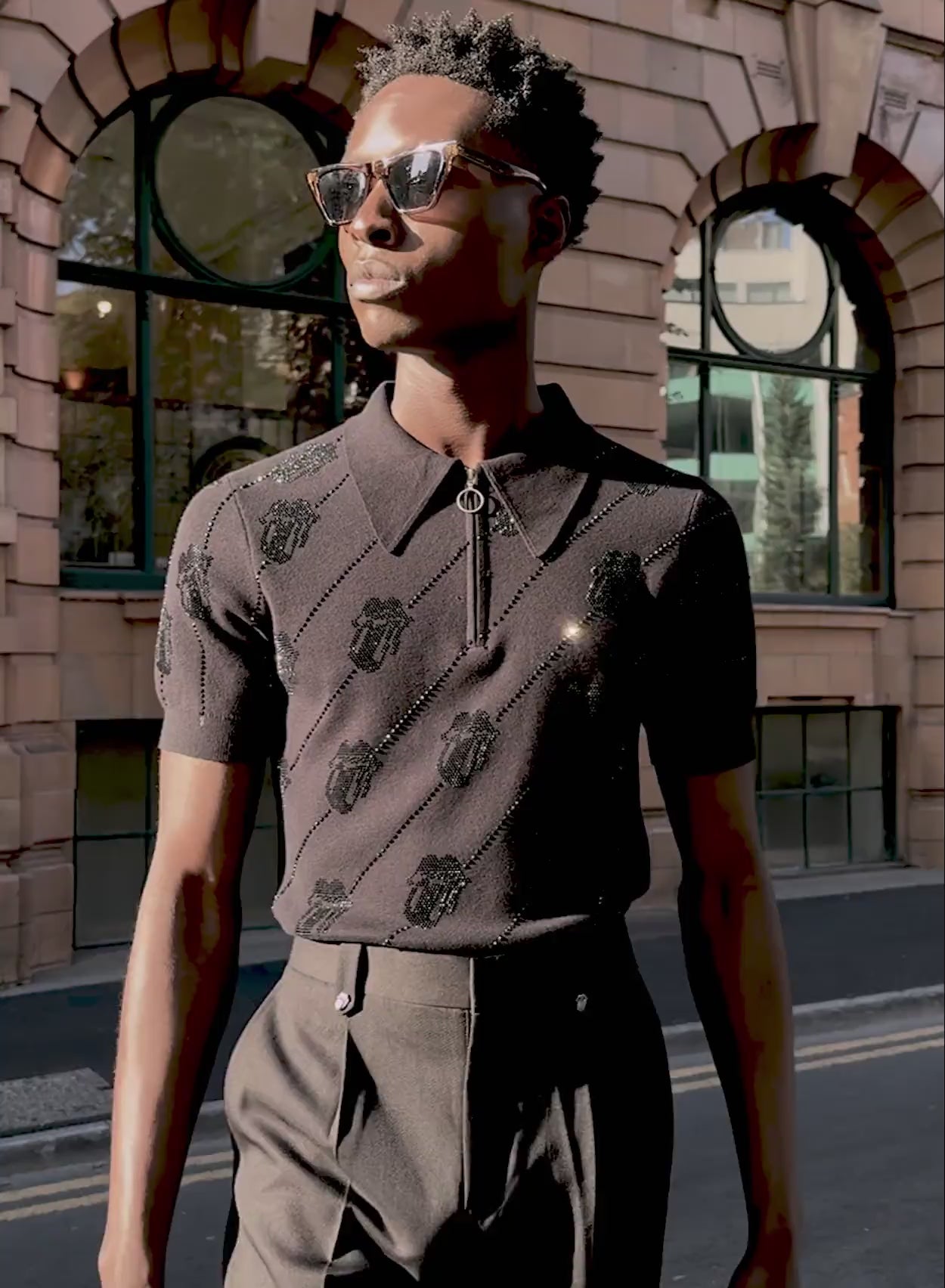 Phix X Rolling Stones Black Rhinestone Tongue Cotton Polo ‐ Phix