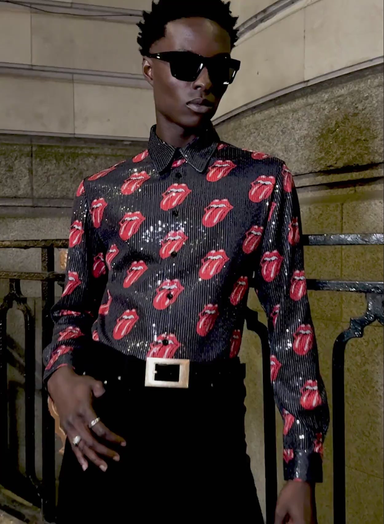 Phix X Rolling Stones Black Sequin Embellished Tongue Velvet Shirt