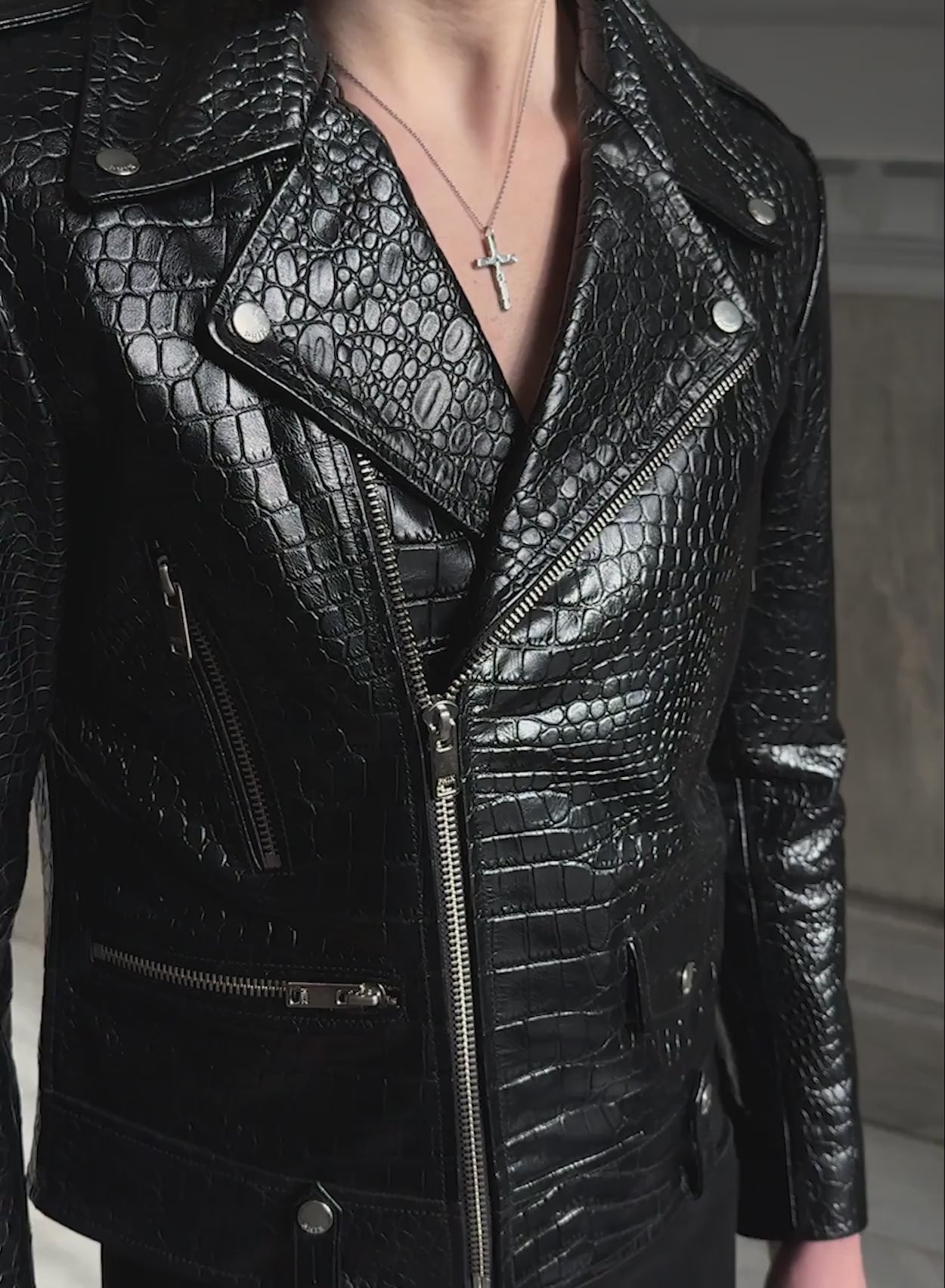 Black Cropped Croc Effect Leather Biker Jacket ‐ Phix