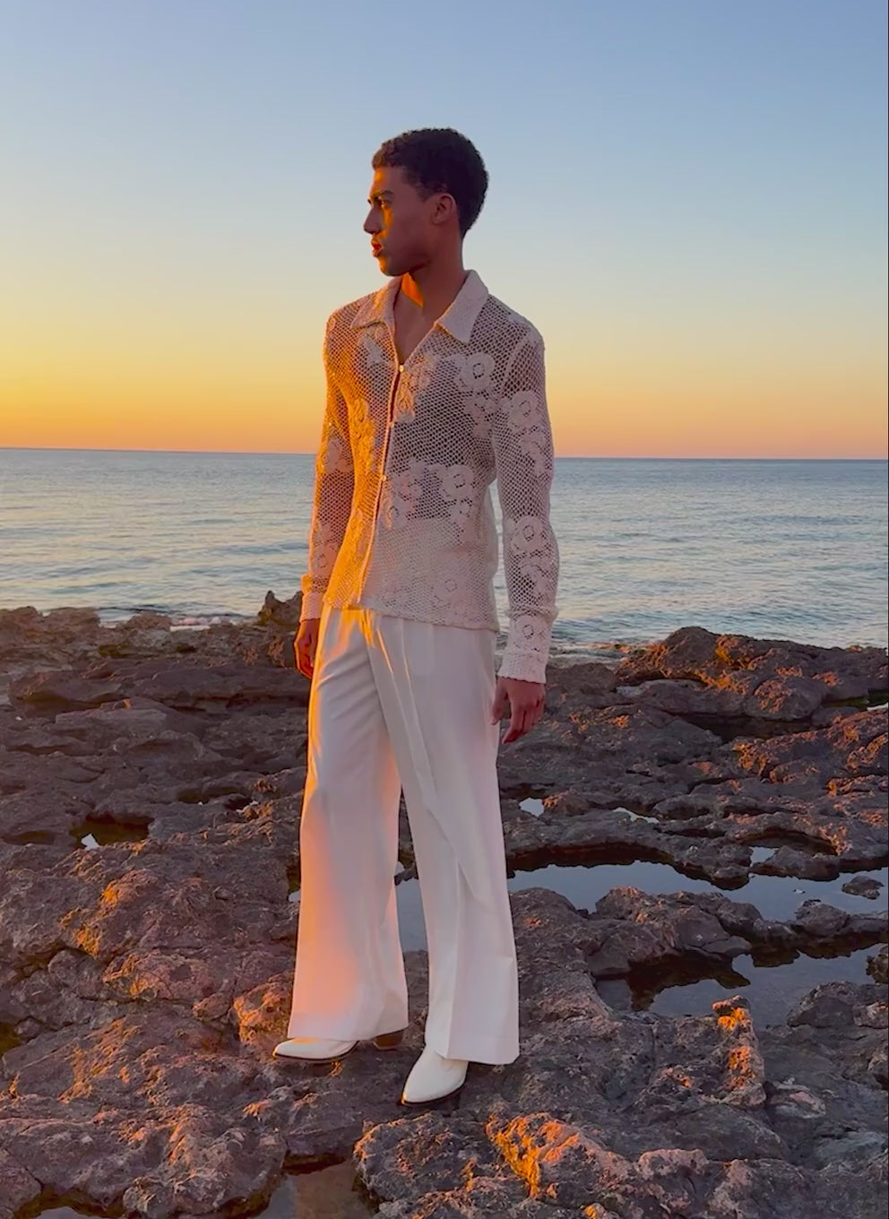 digne完売品★sheer shirts ivory Off-white Long Sleeve Floral Sequin Crochet Shirt ‐ Phix