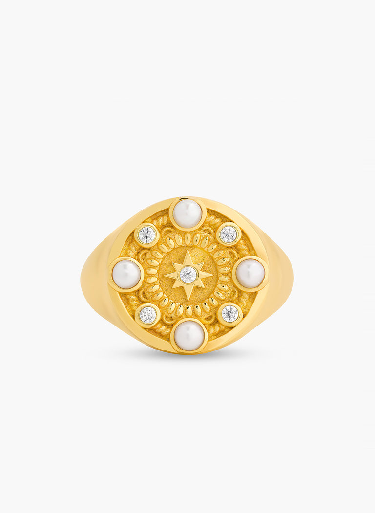 Gold Pearl & Crystal Signet Ring