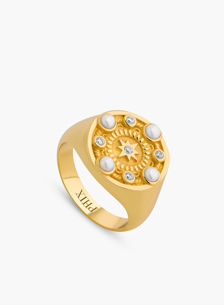 Gold Pearl & Crystal Signet Ring