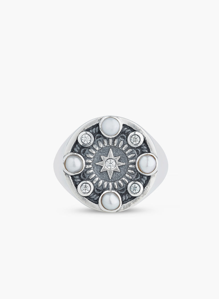 Silver Pearl & Crystal Signet Ring