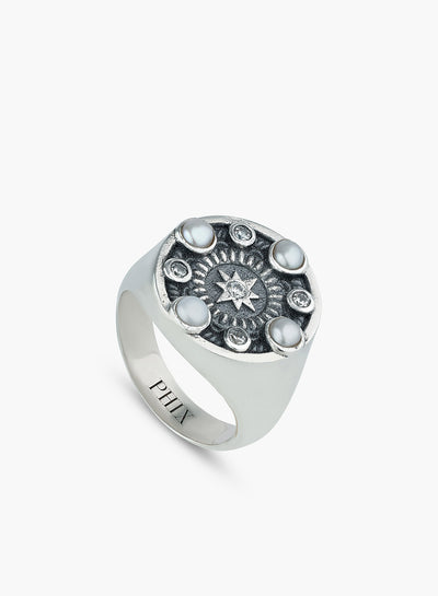 Silver Pearl & Crystal Signet Ring