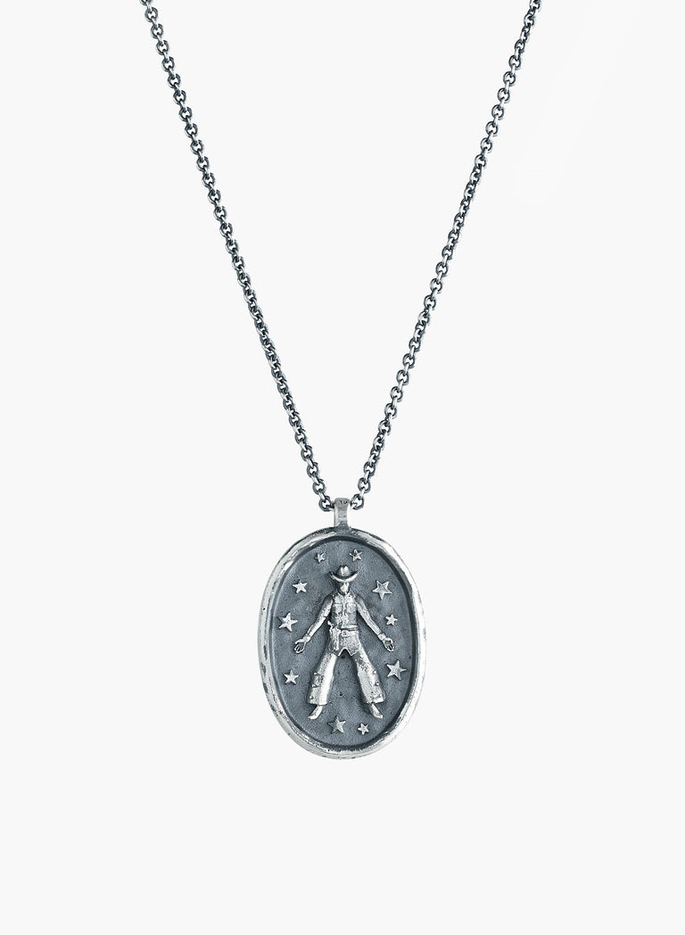 Silver Cowboy Oval Pendant Necklace