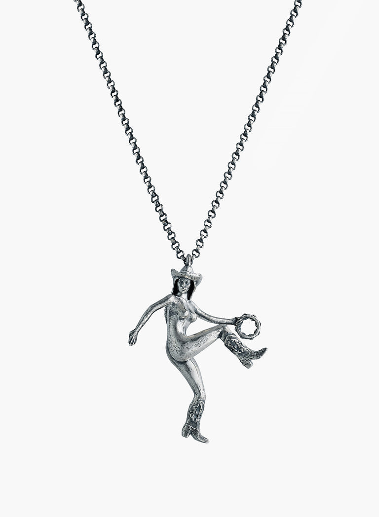 Silver Tambourine Girl Pendant Necklace
