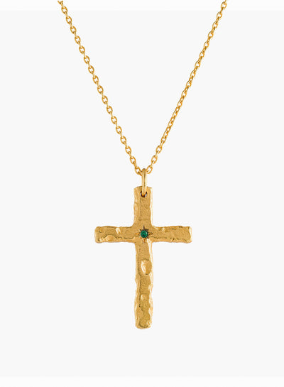 Gold Saint Cross Emerald Pendant Necklace