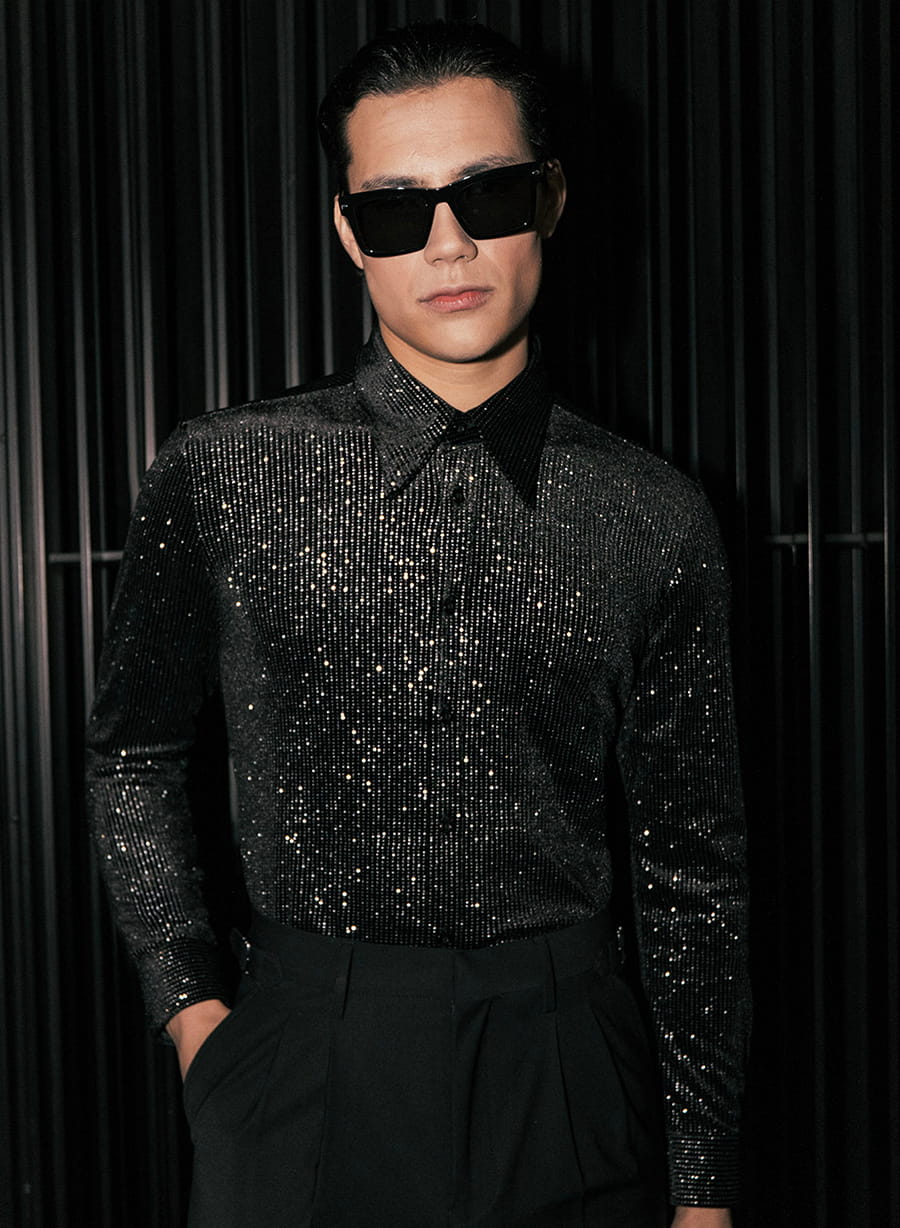 Black Silver Micro Polka Dot Velvet Shirt