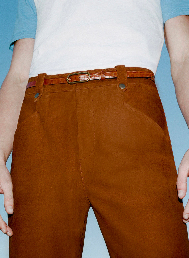 Brown Slim Leather Oval Buckle Belt
