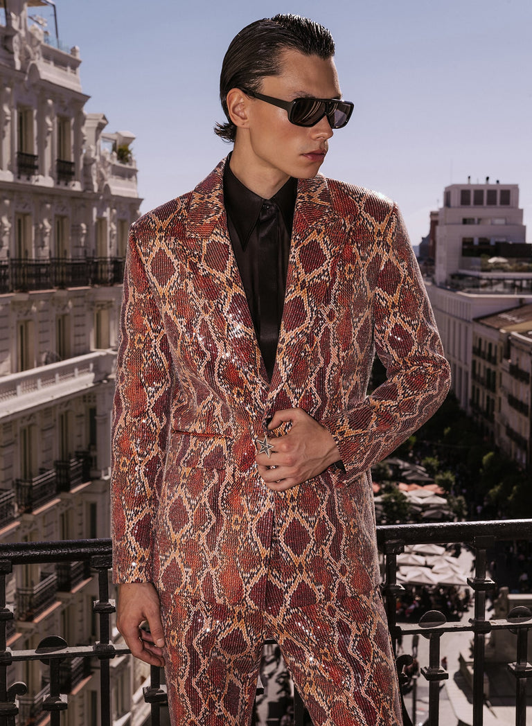 Red Snake Effect Sequin Flare Trousers