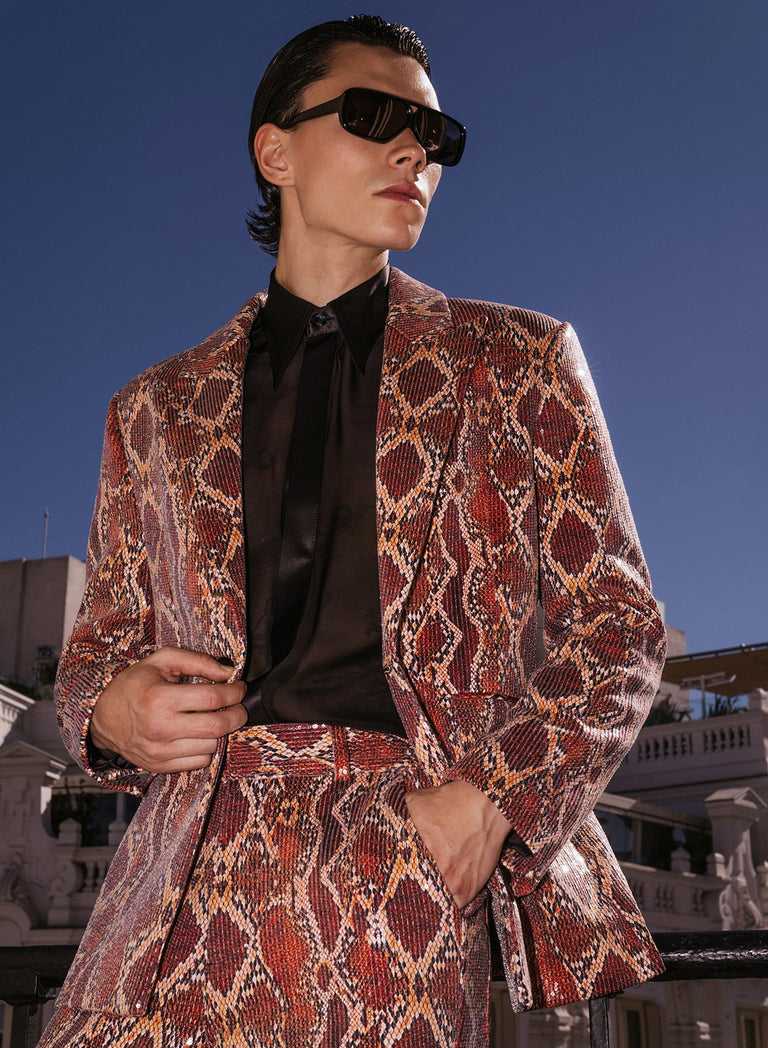 Red Snake Effect Sequin Flare Trousers