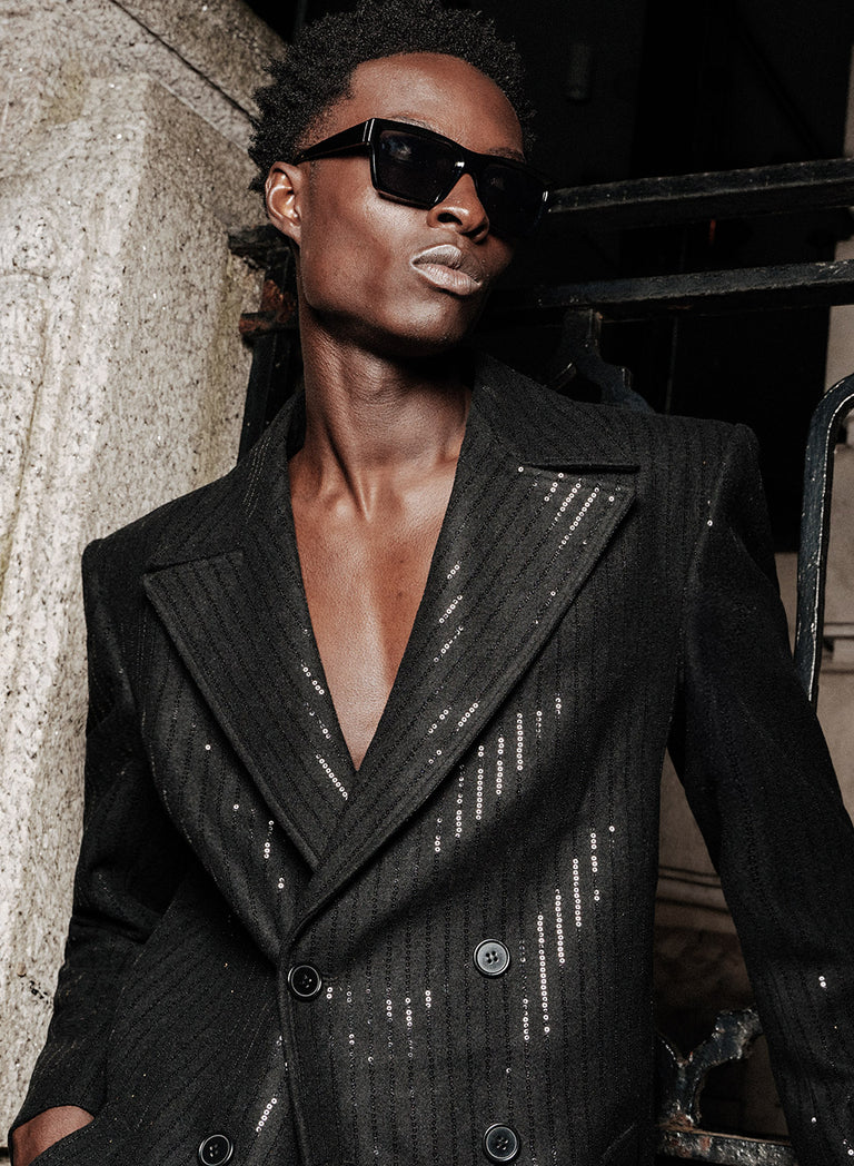 Double Breasted Sequin Embellished Long Length Stripe Wool Coat