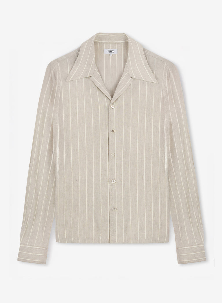 Ivory Linen Pinstripe Cuban Long Sleeve Shirt