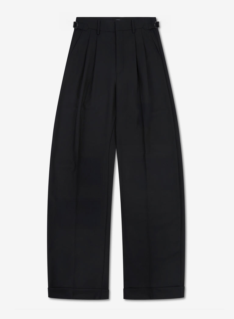 Black Wool Tapered Turn-Up Barrel Trousers