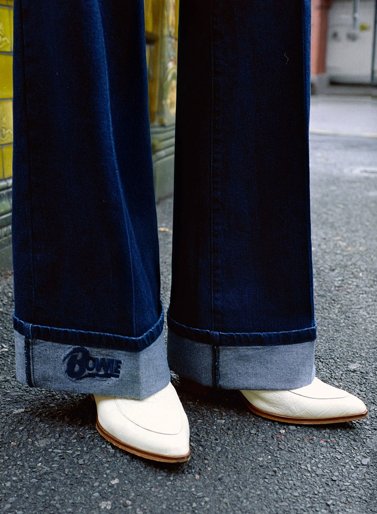 Phix X David Bowie Men's High Waisted Indigo Turn-Up Flared Jeans