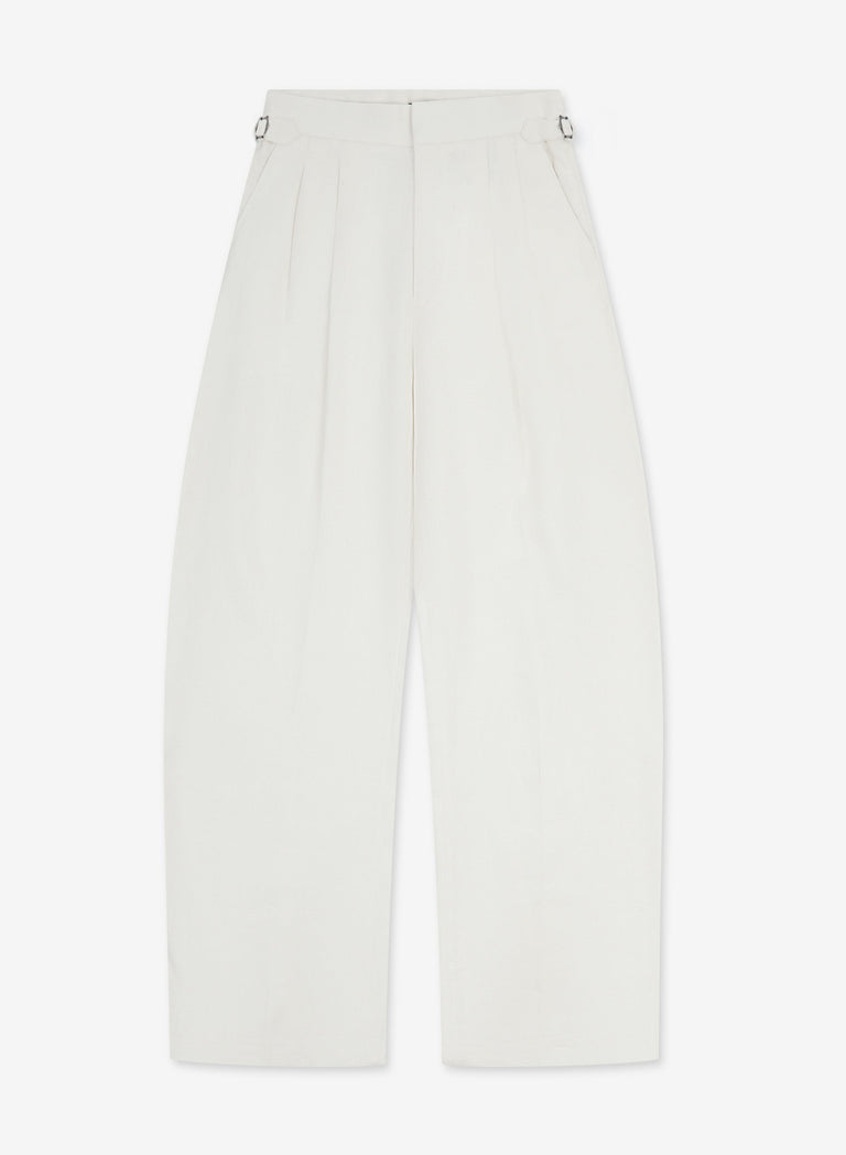 White Barrel Leg High Waisted Side Buckle Pure Linen Trousers