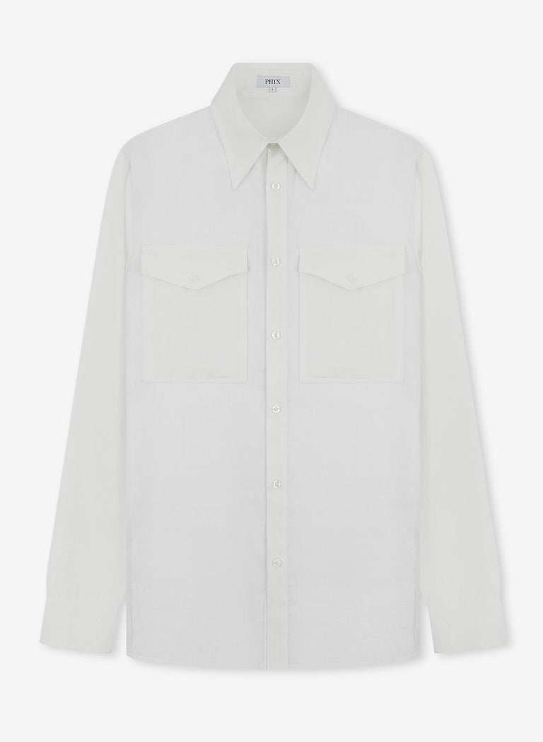 White Pure Linen Double Chest Pocket Shirt
