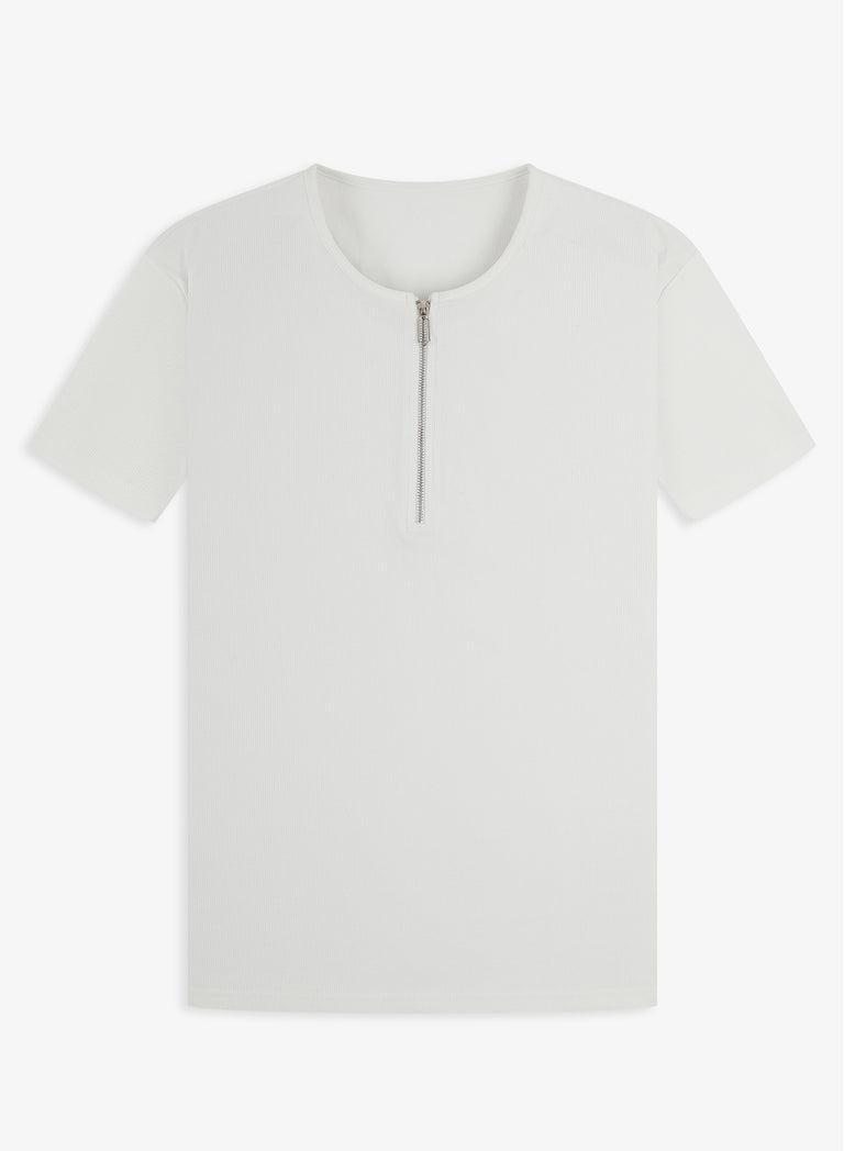 White Ribbed Cotton Henley Zip T-Shirt