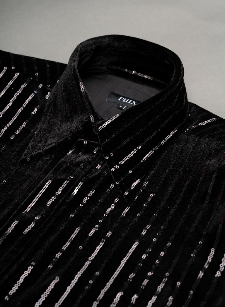 Black Pinstripe Wide Shoulder Velvet Shirt