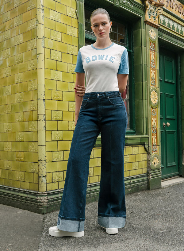 Phix X David Bowie Women's High Waisted Indigo Turn-Up Flared Jeans