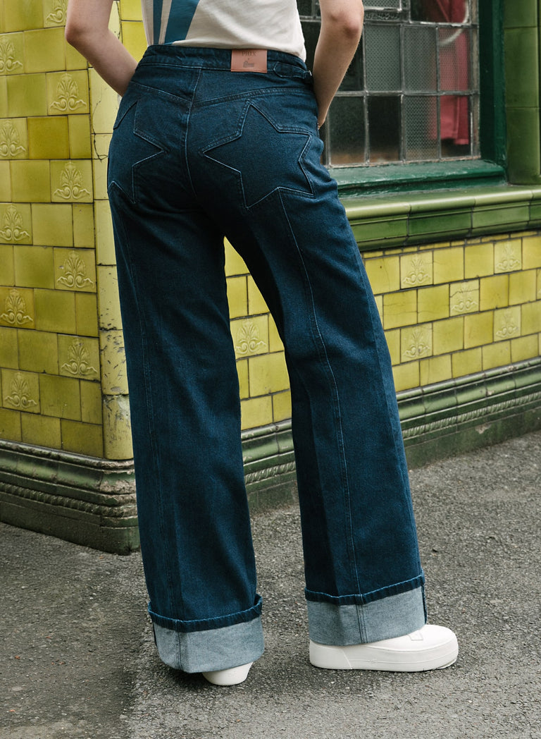 Phix X David Bowie Women's High Waisted Indigo Turn-Up Flared Jeans