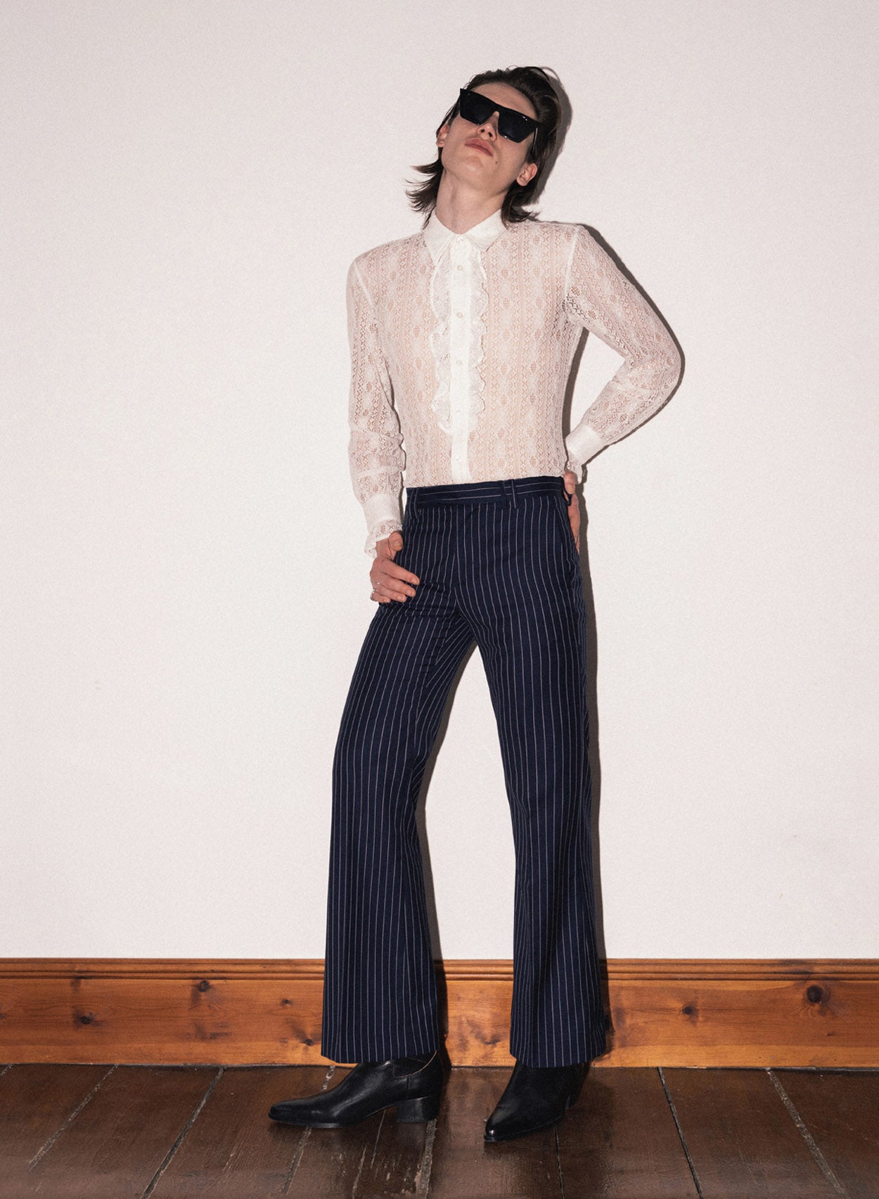 Navy pinstripe store wide leg trousers