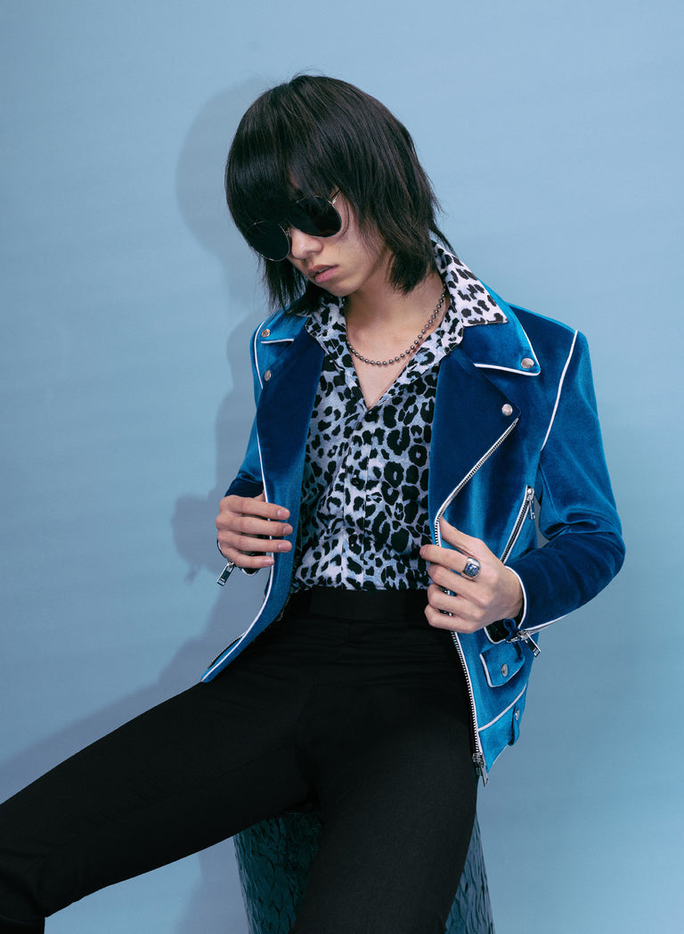 Blue Velvet Piped Biker Jacket Phix