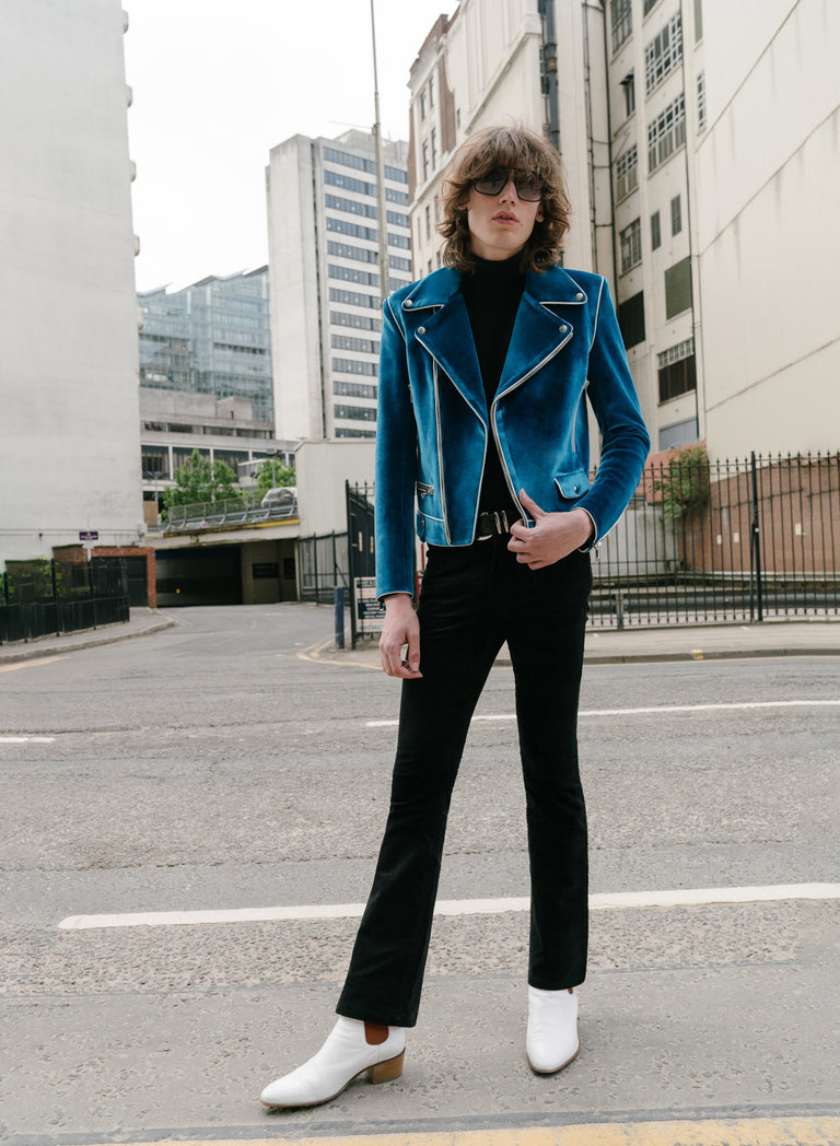 Blue Velvet Piped Biker Jacket