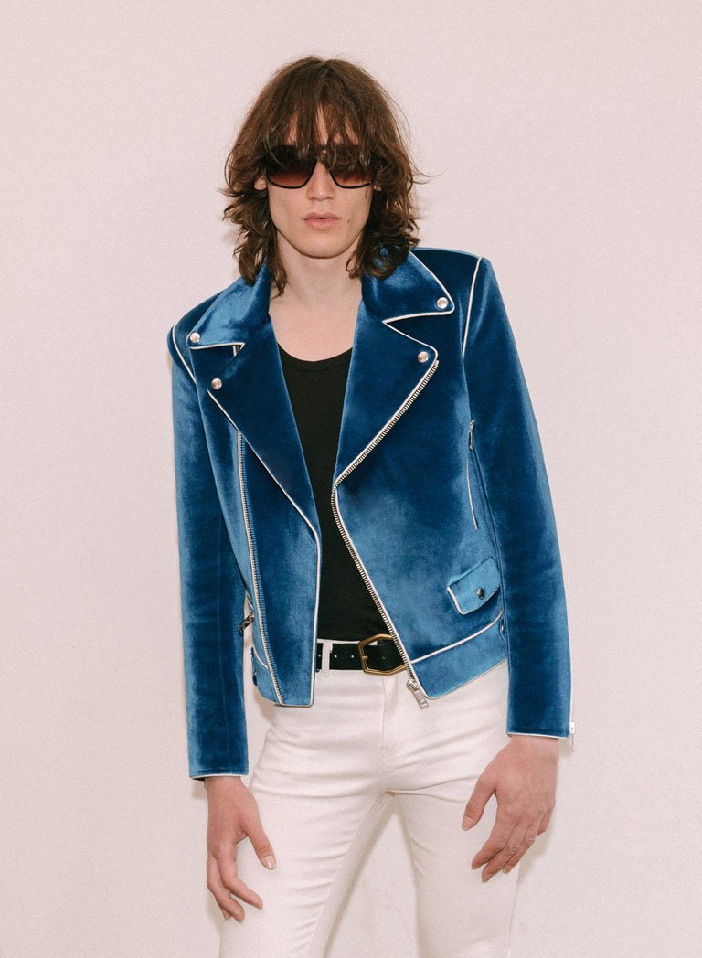 Blue Velvet Piped Biker Jacket